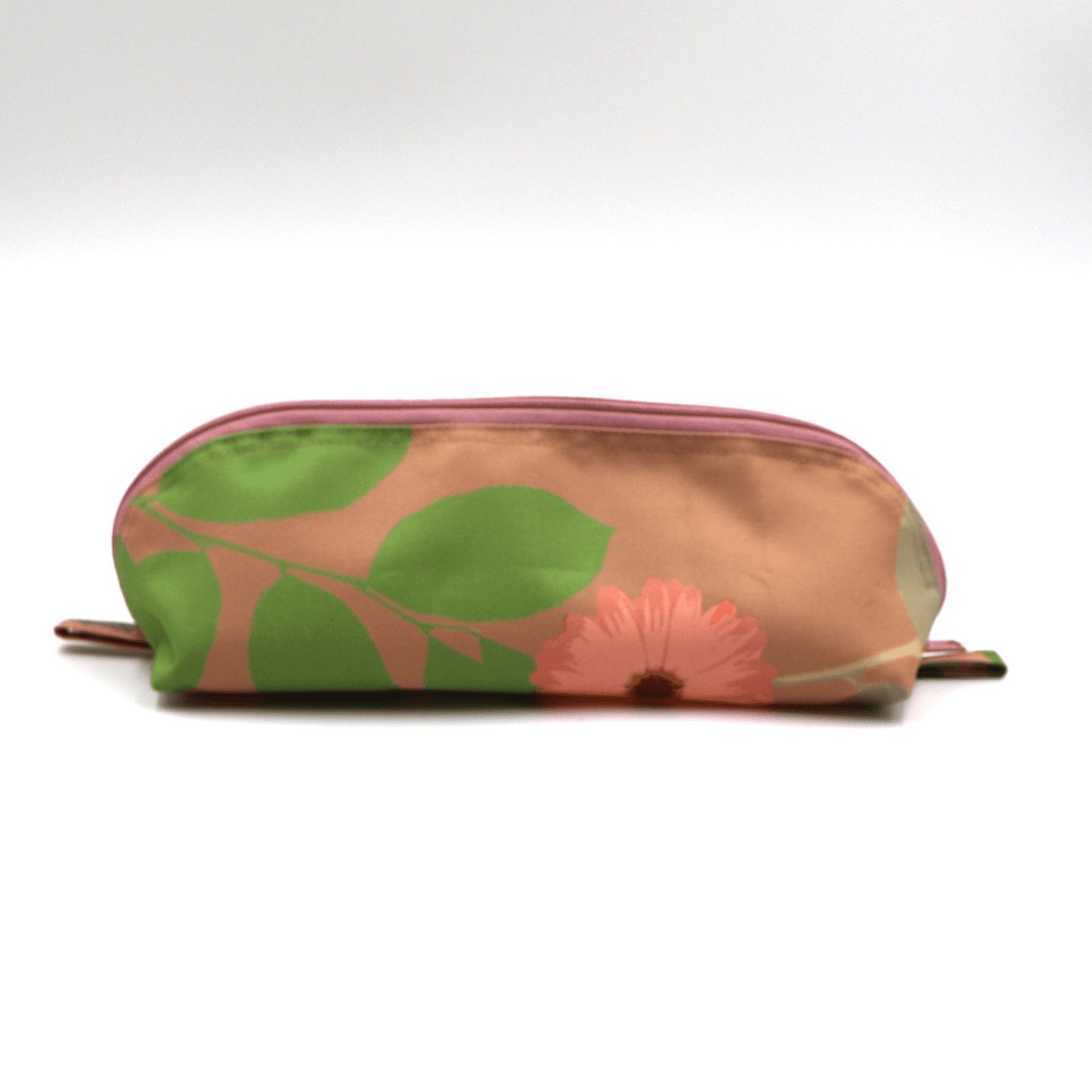 Pencil bag in bright colourful daisy floral design on peach background.