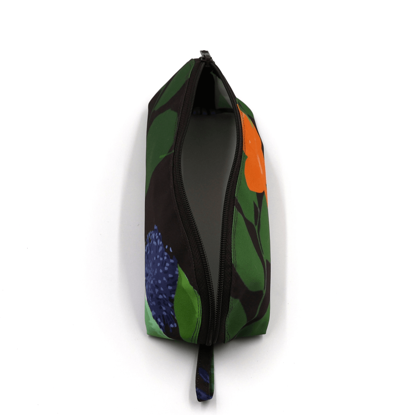 Pencil bag in bright colourful daisy floral design on dark brown/black background. Top view open.