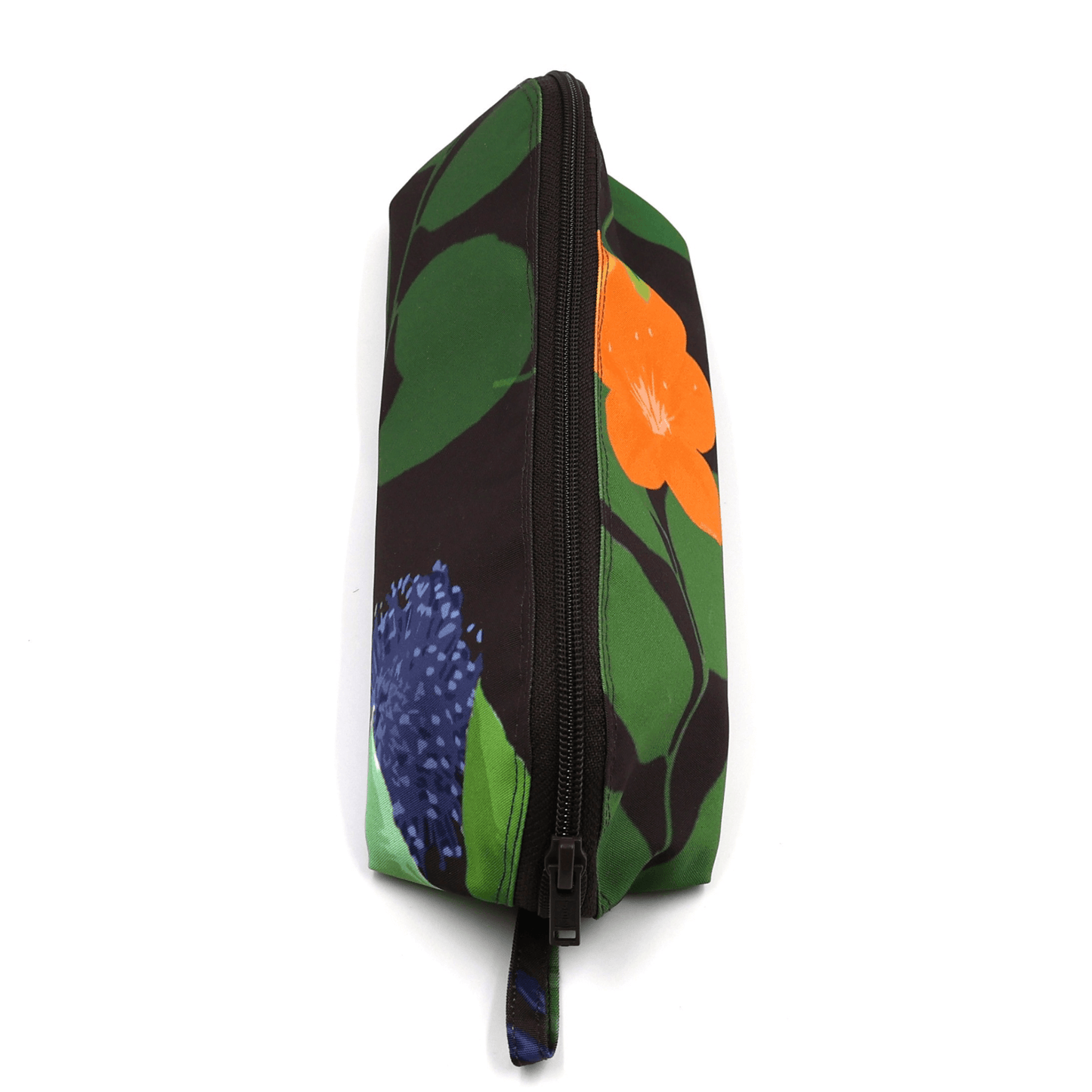 Pencil bag in bright colourful daisy floral design on dark brown/black background.
