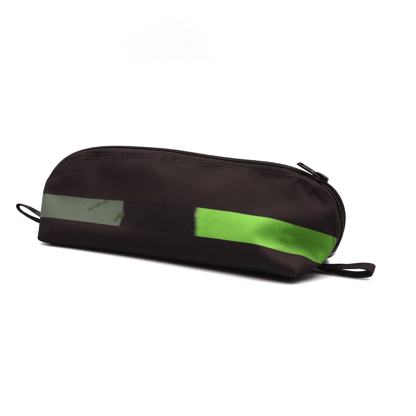 Pencil bag in bright colourful daisy stripe design on dark brown/black background. Side view.