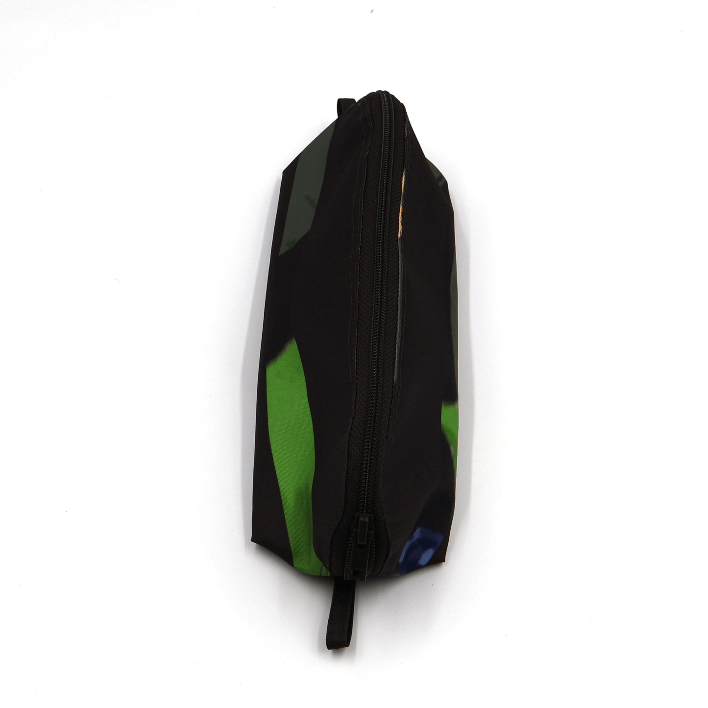 Pencil bag in bright colourful daisy stripe design on dark brown/black background. Top view closed.