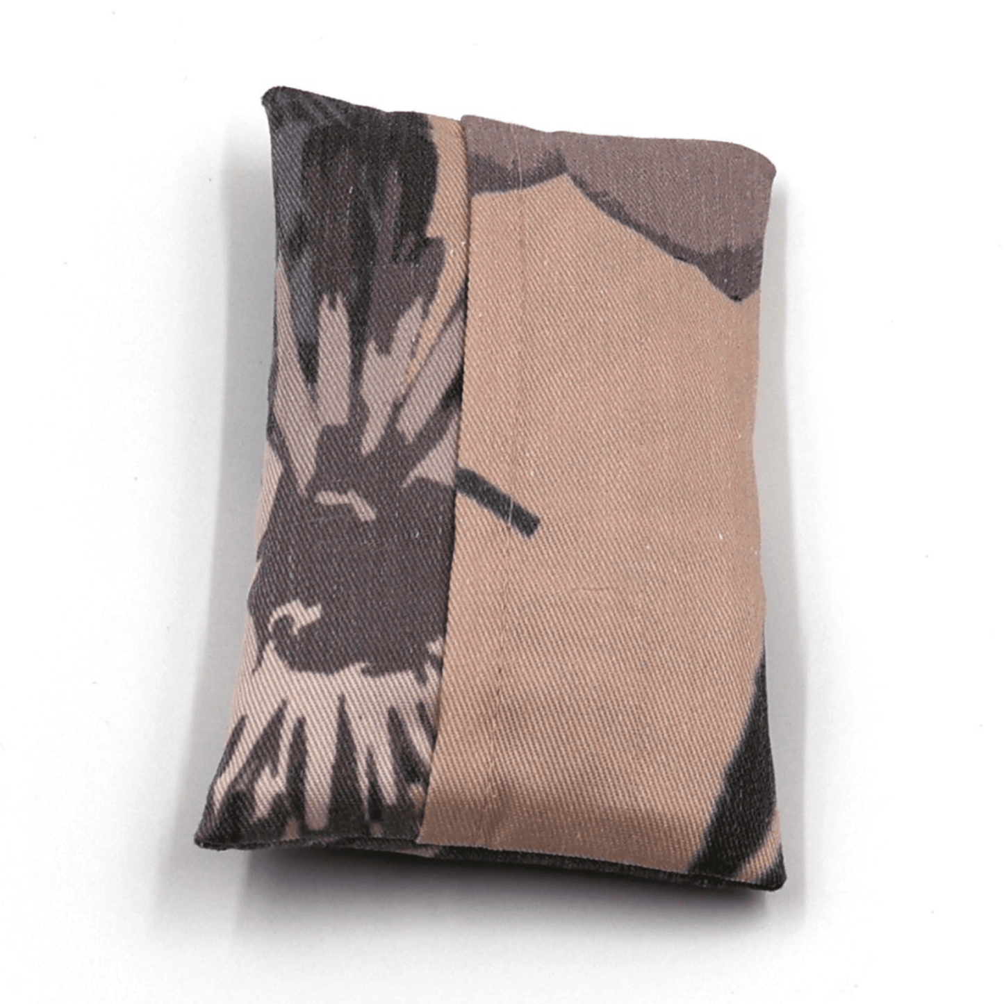 Fold up shopping bag in mauve and grey daisy floral design on peach background. Back view.