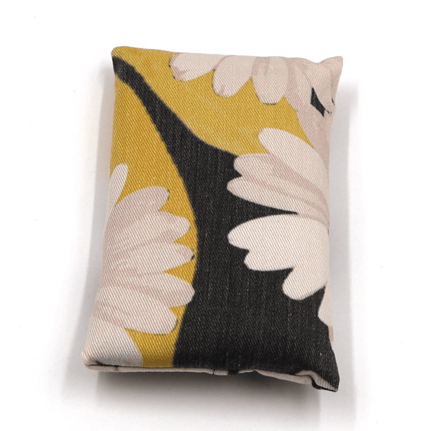 Fold up shopping bag with a white daisy floral design on a black background.
