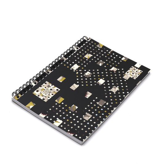 A5 Journal with geometric white daisy floral design on a black background. Side wire binding.