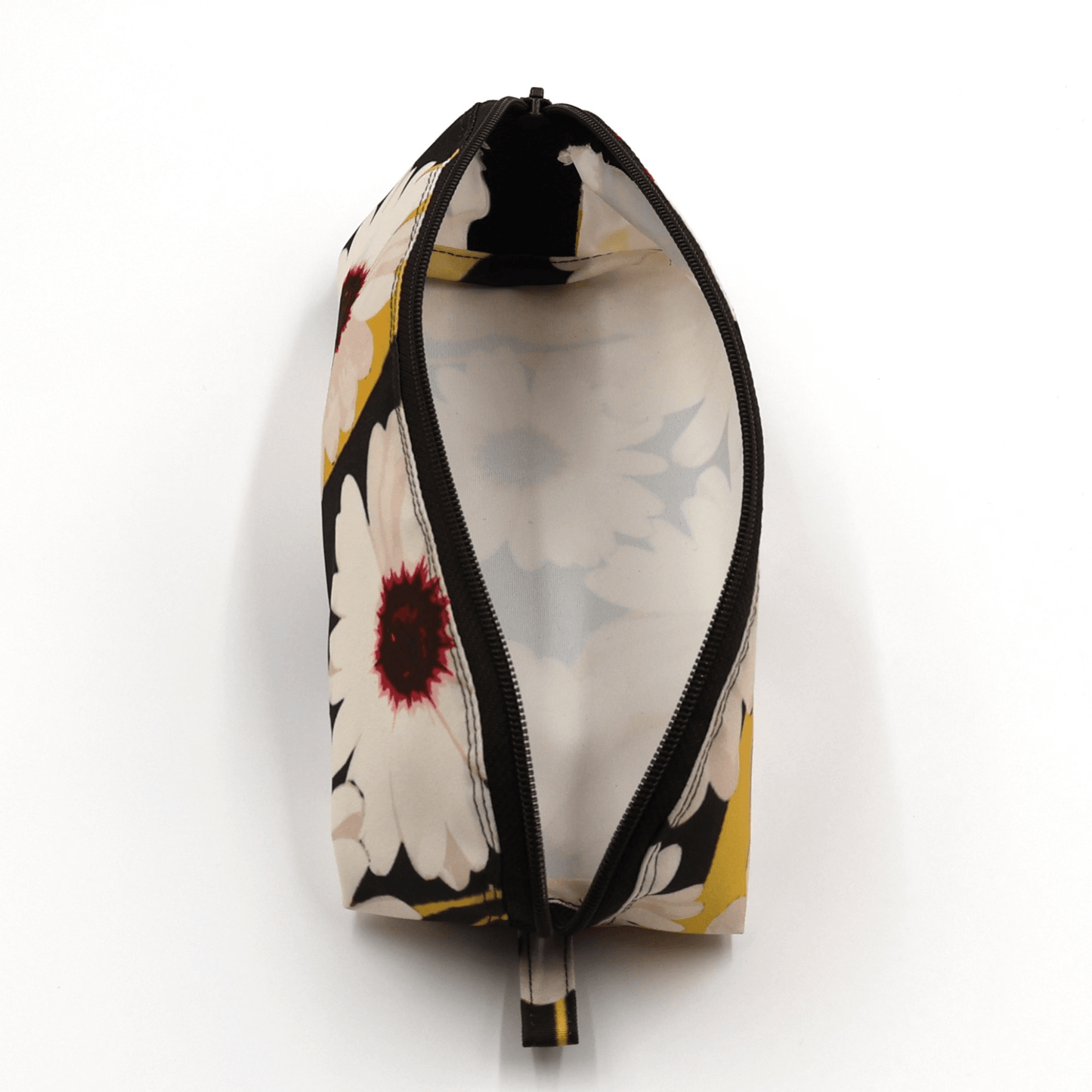 Inside view of Ellie B White Darling Pencil Bag showcasing floral design and zip closure for pens and pencils.