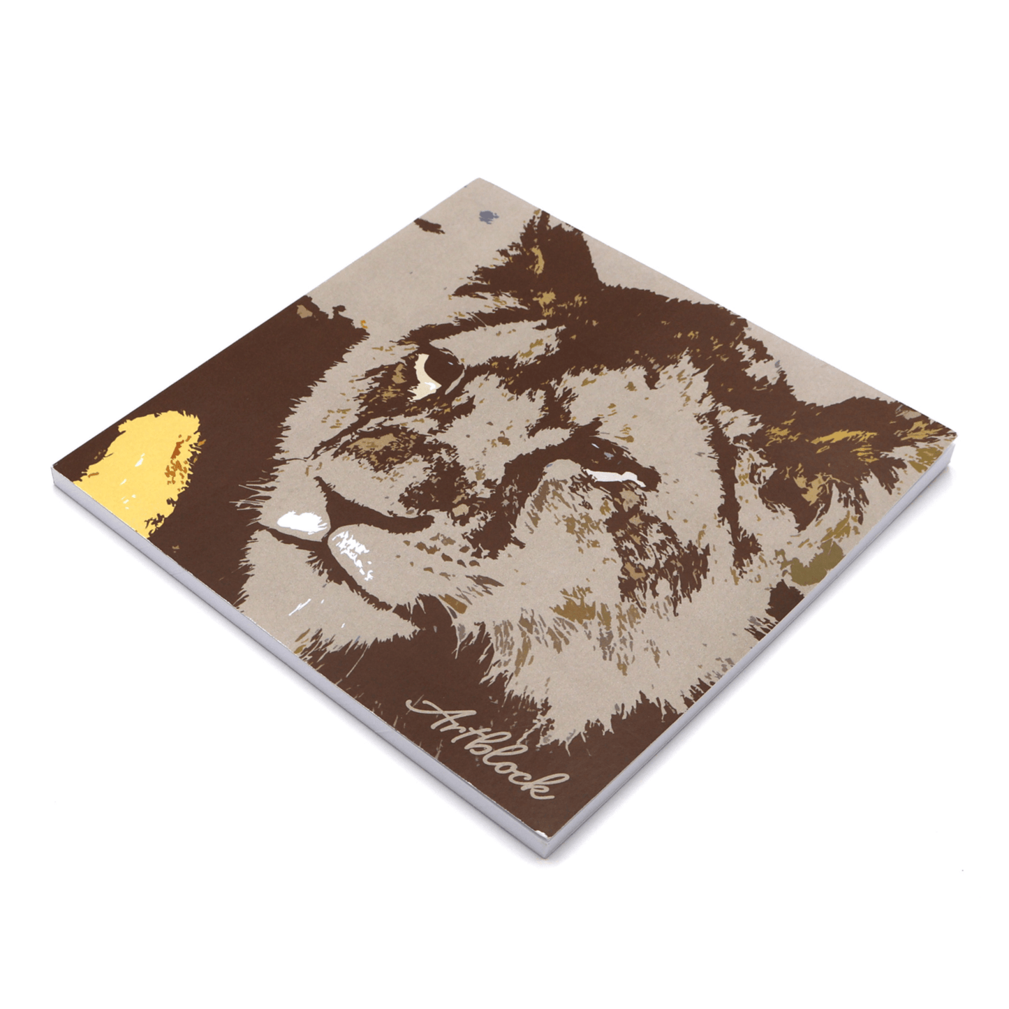 Square art pad with face of lion design on front cover.