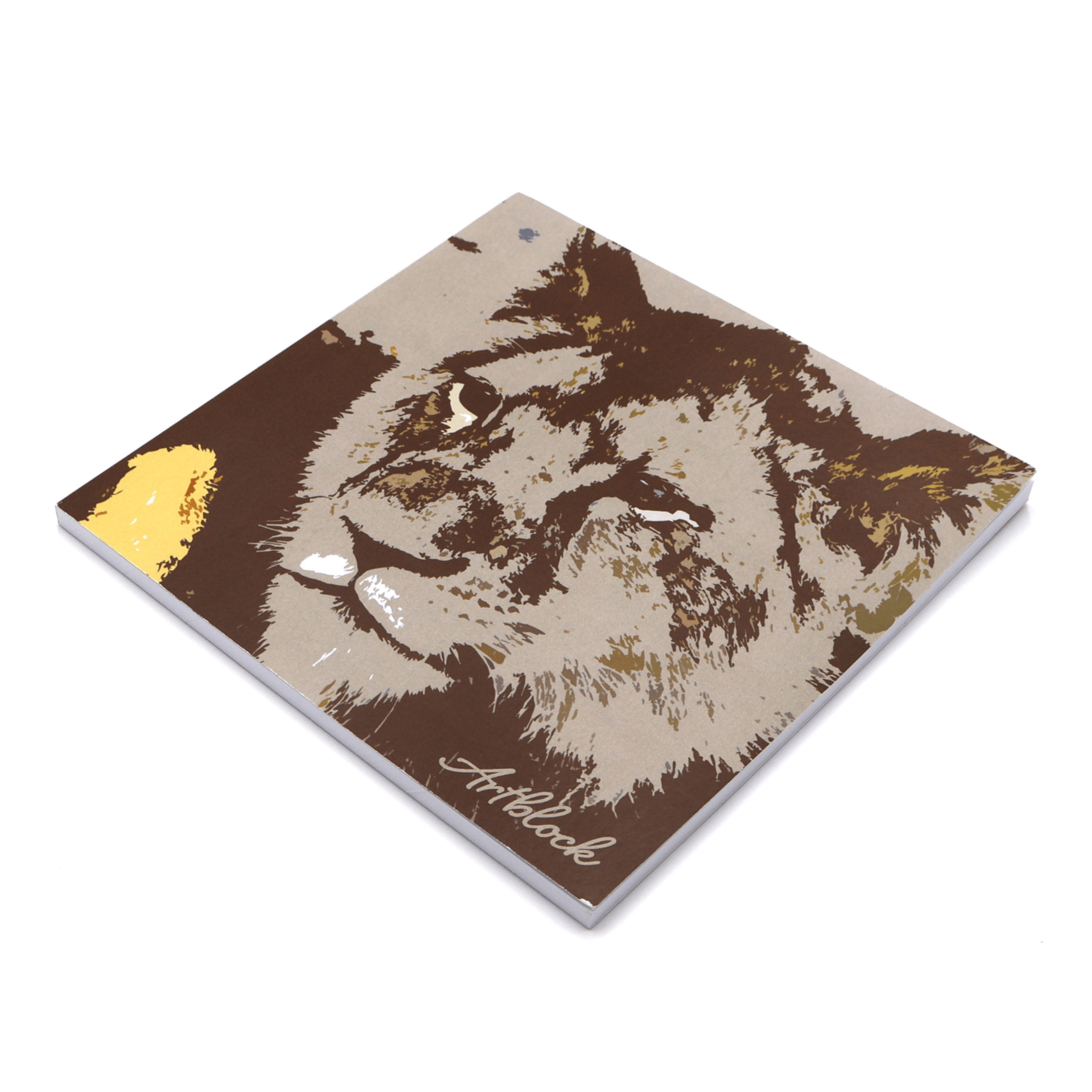 Square art pad with face of lion design on front cover.