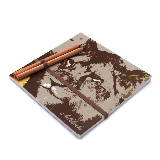 Square art with pencils and pencil holder pad with face of lion design on front cover.