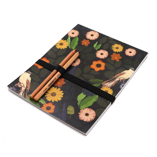 Black Daisy A4 Sketchpad with pencils and pencil holder