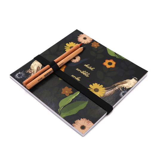 Sketchpad Square with pencils and pencil holder Black Daisy