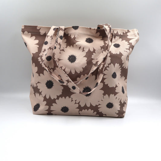 Front close up of Driftwood Brown cotton canvas tote bag with beige wildflowers made in South Africa