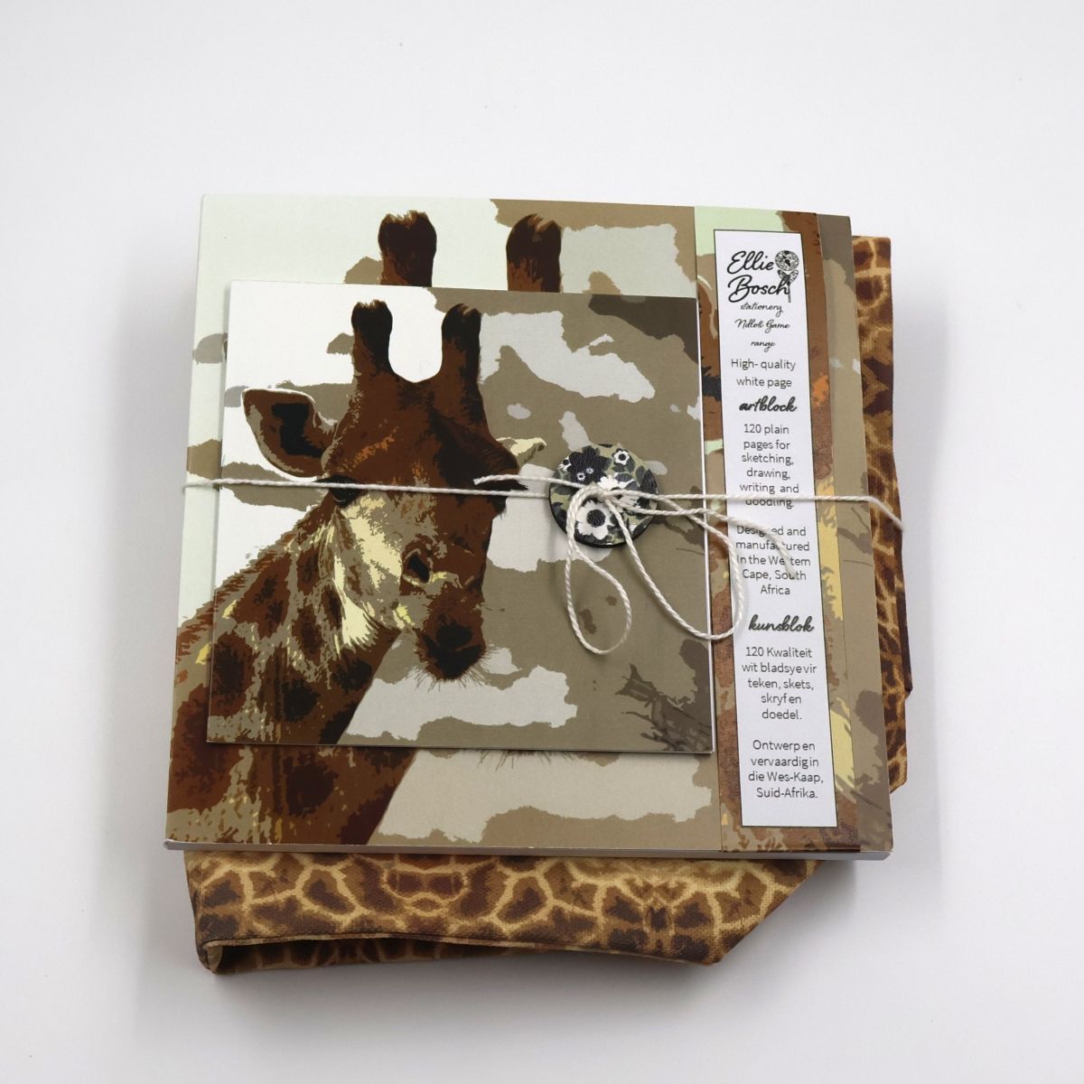 Handmade South African nature gift box neatly arranged with a square  giraffe sketchpad a large brown giraffe pattern canvas tote bag and a matching animal greeting card