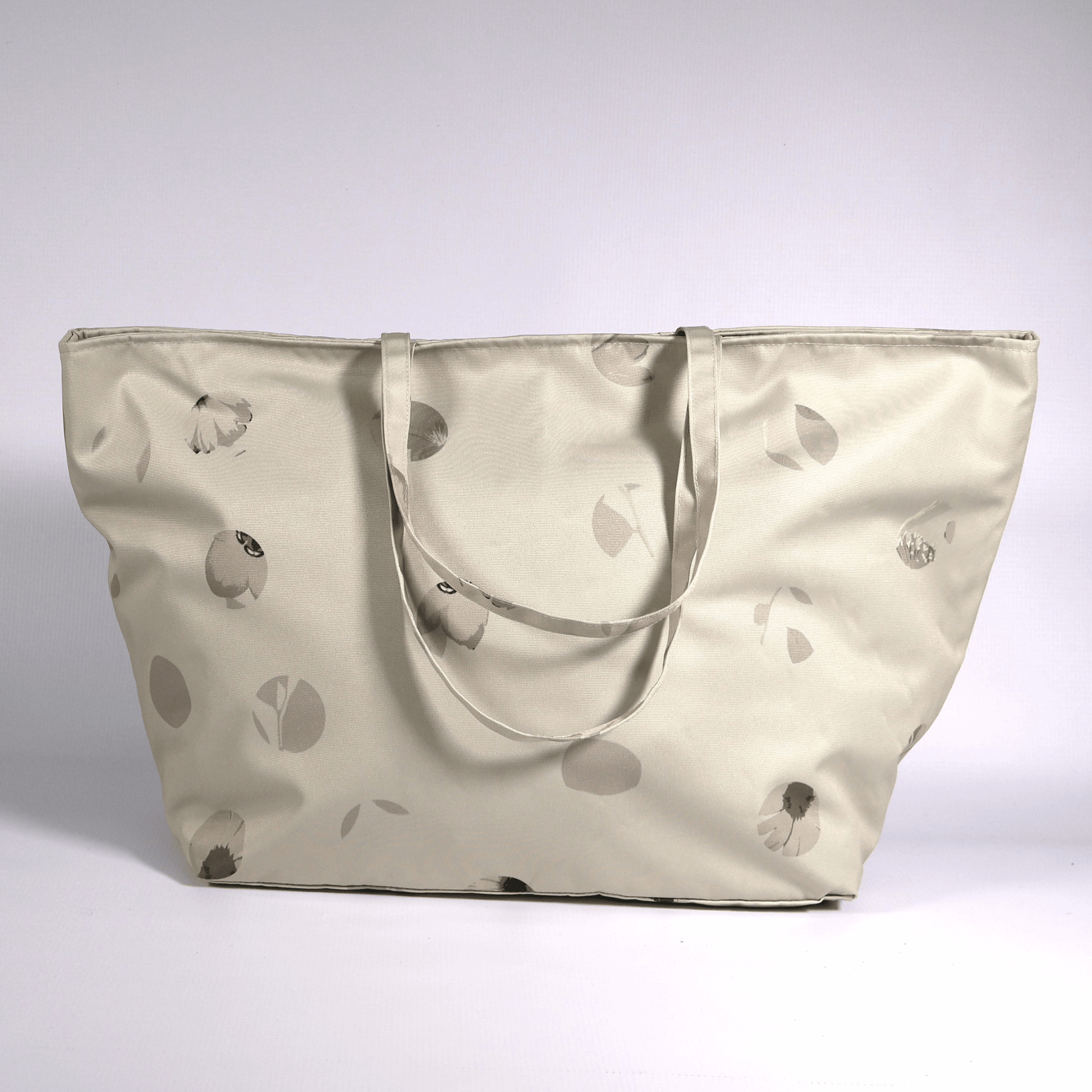 Handmade large canvas carryall tote bag for ladies in South Africa featuring the Ellie B Moonrise beige and cream scattered petals design.