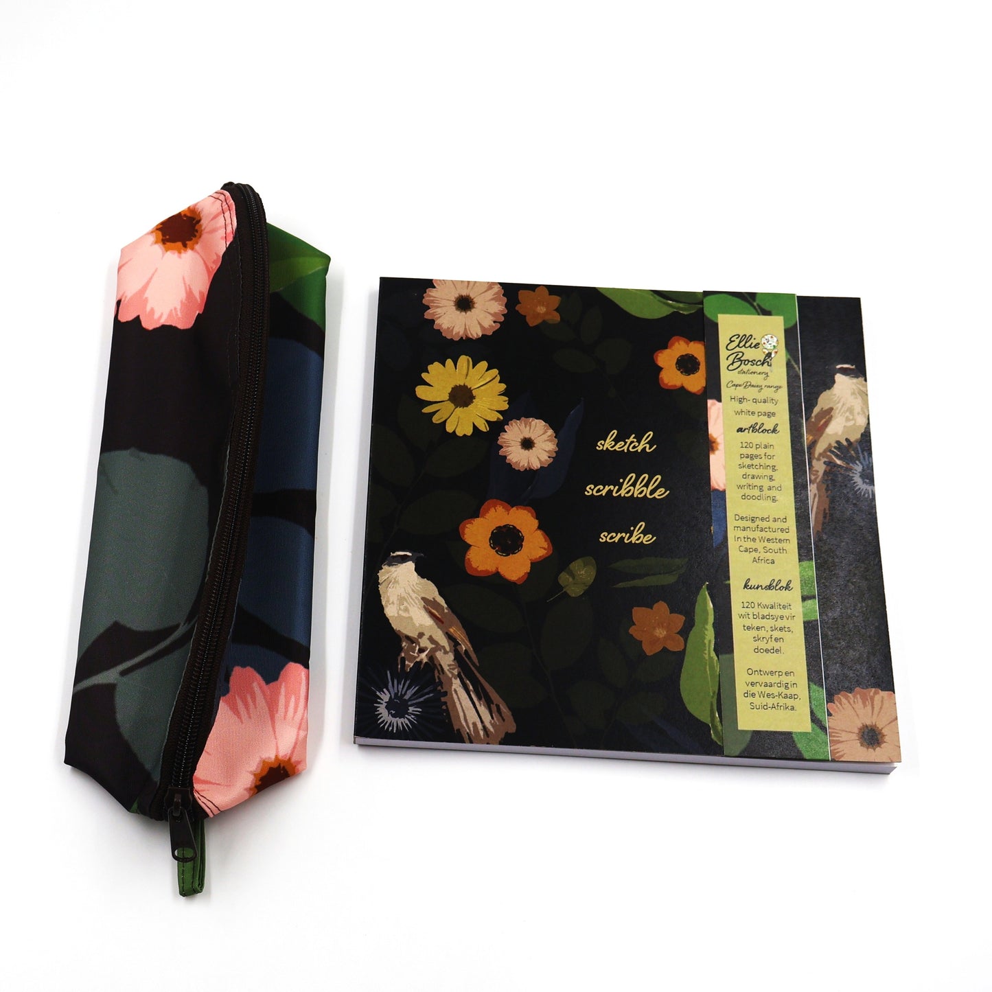 Black Daisy Sketchpad & Pencil Bag Set | Wildflowers SA, Ellie Bosch