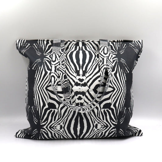 Front close up of Tshikwana bold zebra stripe cotton canvas tote bag made in South Africa