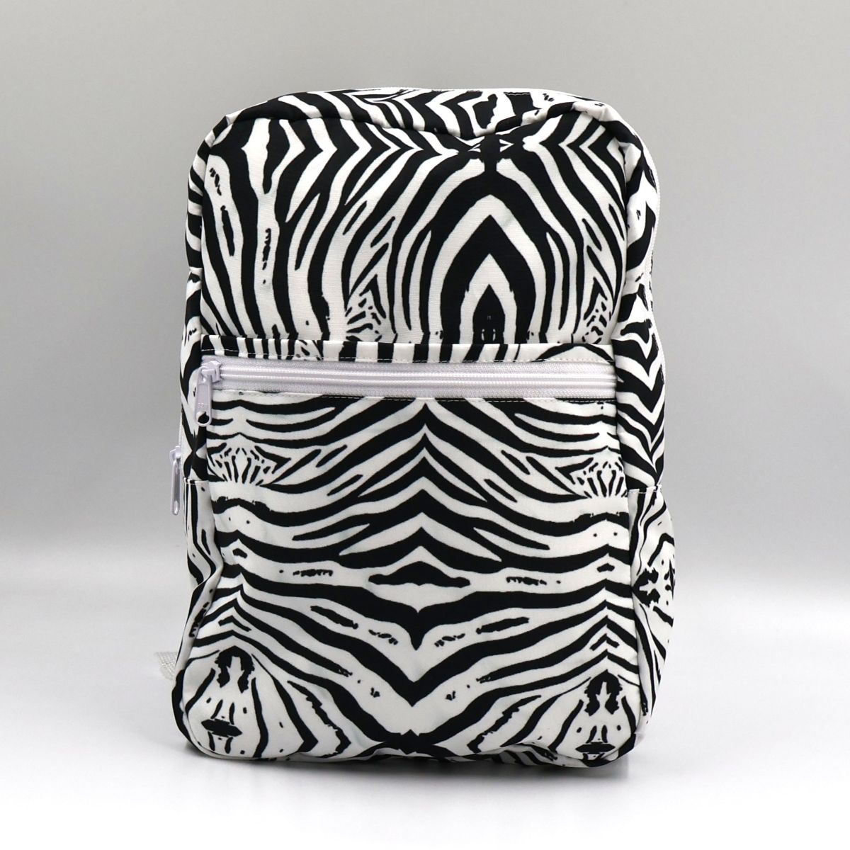 Front close up of Tshikwana Mohlala zebra print small backpack made in George South Africa