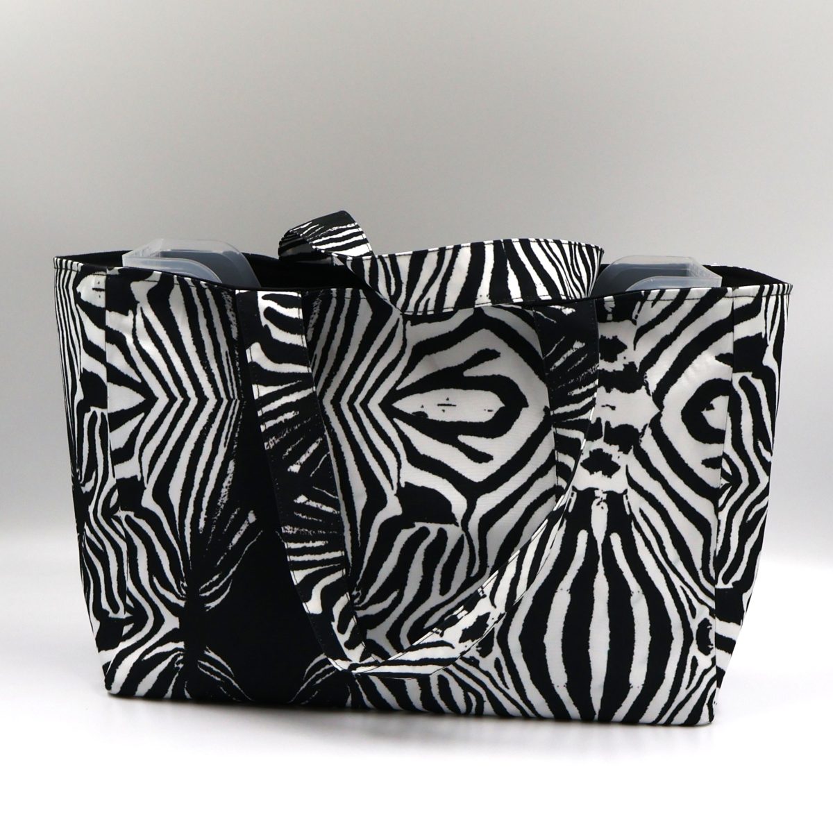 Front close up of Tshikwana zebra print medium teacher and craft bag made in South Africa