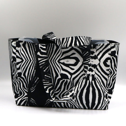Front close up of Tshikwana zebra print medium teacher and craft bag made in South Africa